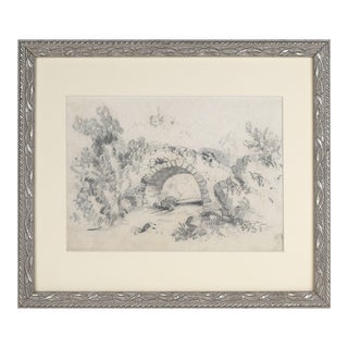 19th Century English Graphite Landscape Drawing of a Bridge For Sale