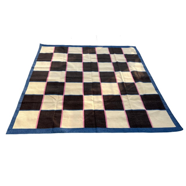 Mid-Century Modern Handmade Reversible Cotton Vegetable Dyed Cream, Brown and Blue Checker Board Area Rug-8'x8' For Sale - Image 3 of 12