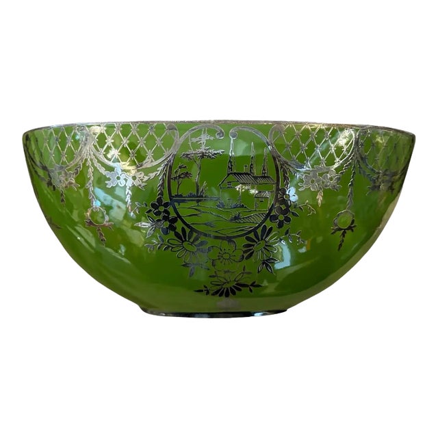 1940s Art Deco Green Ceramic and Silver Oval Italian Centerpiece For Sale
