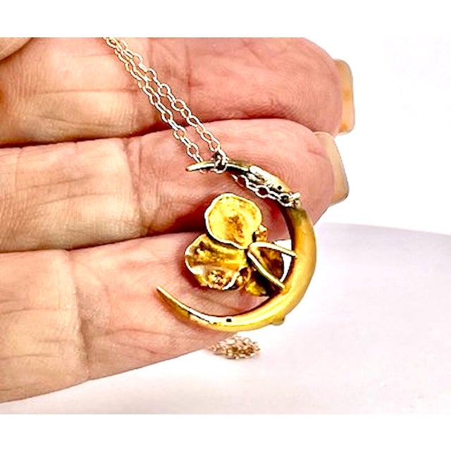 Art Nouveau Antique Pansy Pendant Necklace With Crescent Moon Design For Sale - Image 10 of 10