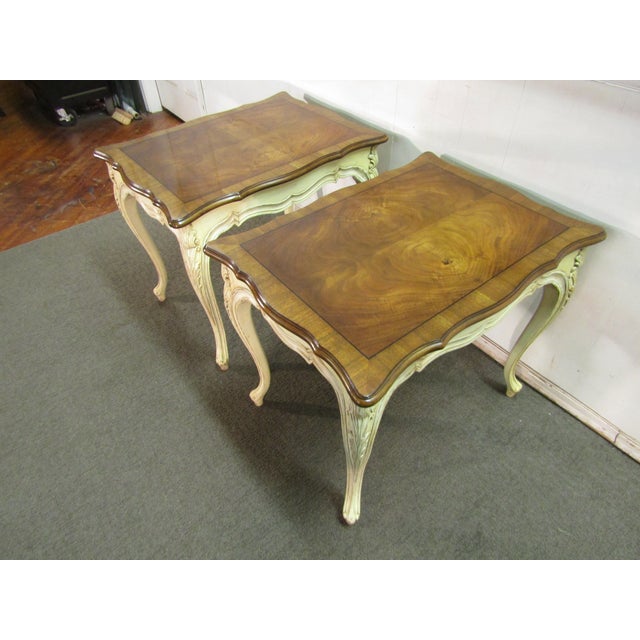 Wood Karges Walnut Paint Decorated French Style Pair of End Tables For Sale - Image 7 of 10