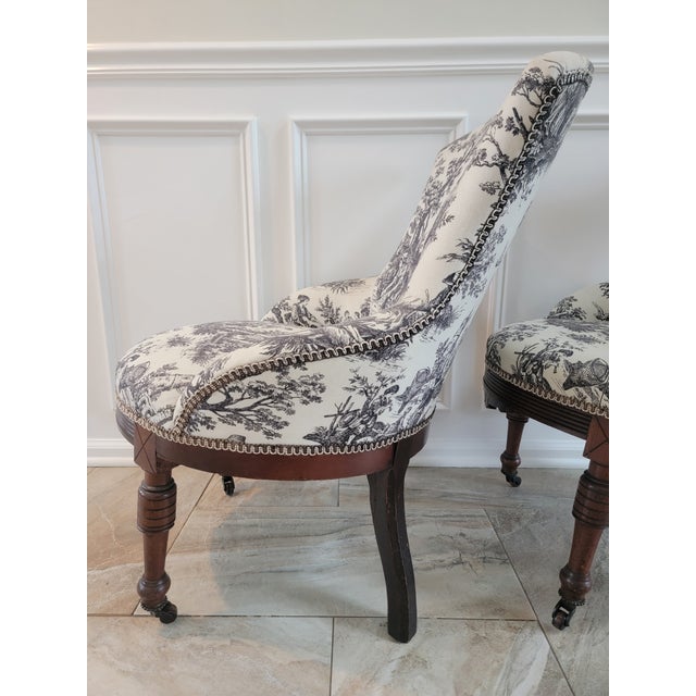 Antique Victorian Toile Upholstered Parlor Slipper Chairs on Casters – A Pair For Sale - Image 12 of 17