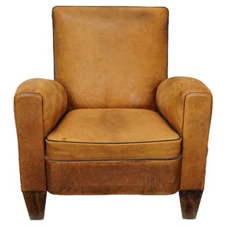 Vintage French Cognac-Colored Leather Club Chair, 1940s For Sale
