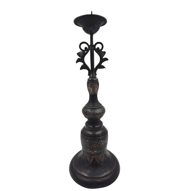 Pair of Late 19th Century Chinese Cloisonné Enamel and Bronze Candlesticks - 16" For Sale - Image 10 of 16
