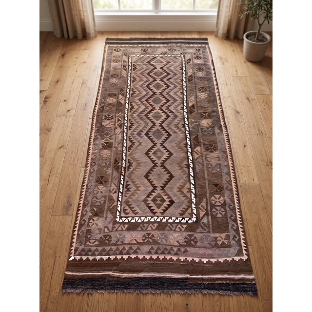 Traditional Afghan Maimana Kilim Area Rug, Handwoven Wool, 5x8, Brown & Blush For Sale - Image 3 of 12