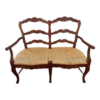 Late 20th Century French Country Rush Seat Ladderback Settee For Sale
