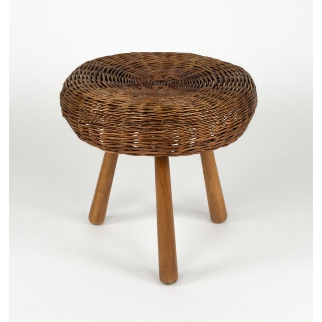1950s Mid-Century Modern Wicker and Wood Tripod Stool by Tony Paul, 1950s For Sale - Image 5 of 18