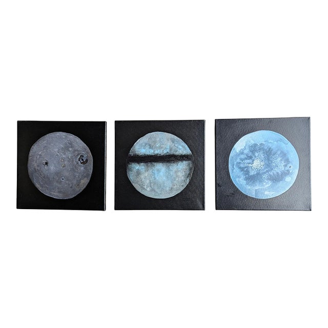 Contemporary Original Planet Moon Triptych Paintings- Set of 3 For Sale