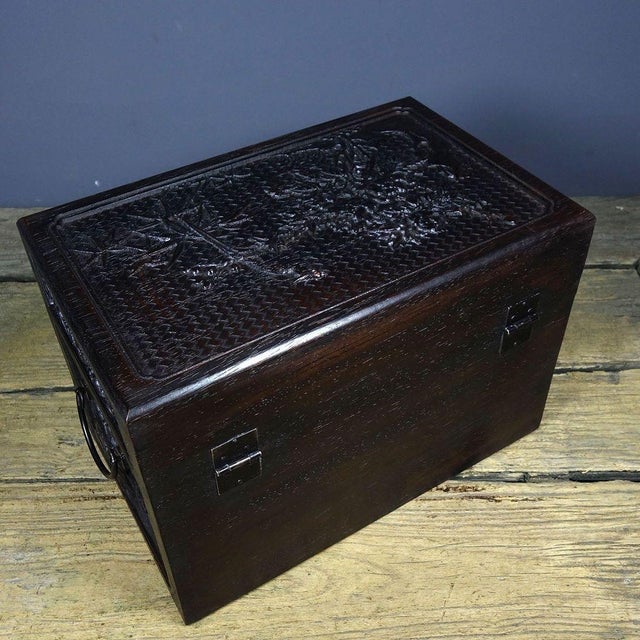 Black Antique Zitan Wood Carved "Brocade and Flowers" Document Box / Treasure Chest For Sale - Image 8 of 9