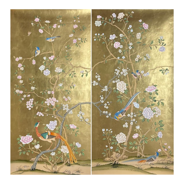 Gold Leaf Chinoiserie Hand-Painted Bird & Floral Wall Panels (Set of 2) For Sale