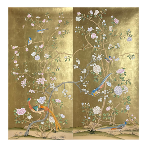 Gold Leaf Chinoiserie Hand-Painted Bird & Floral Wall Panels (Set of 2)
