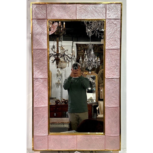 Metal Murano Pink Glass and Brass Mirror For Sale - Image 7 of 7