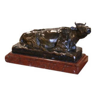 19th Century French Bronze Lying Cow Sculpture on Marble Base Signed R. Bonheur For Sale