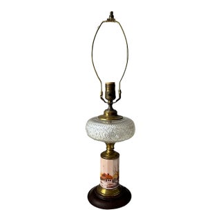 Antique Victorian Hand Painted Custard Glass Eapg Electrified Oil Lamp For Sale