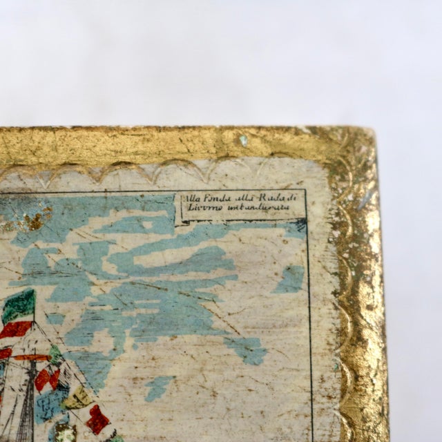 Wood Early 20th Century Florentia King's Ship Dressed With Flags of Different Nations Decoupage Gilded Wooden Box For Sale - Image 7 of 15
