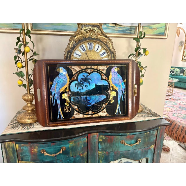 Vintage Brazilian Tray With Butterfly Wing Mosaic and Parrots For Sale In Savannah - Image 6 of 9
