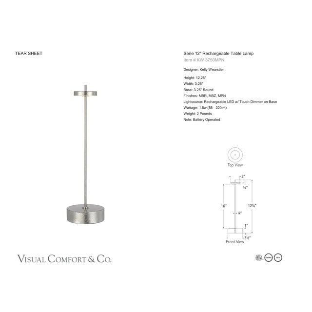 Kelly Wearstler by Visual Comfort Signature Sene 12" Rechargeable Table Lamp in Museum Nickel Designer: Kelly Wearstler...