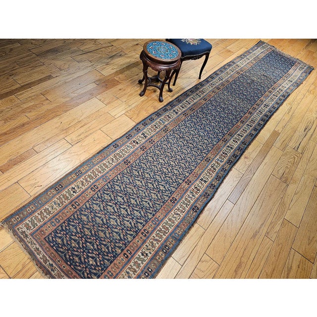 Vintage Persian Kurdish Runner Rug, Hand-Knotted Wool, All-Over Paisley Pattern, Blue & Green, 3x15 For Sale In Chicago - Image 6 of 17