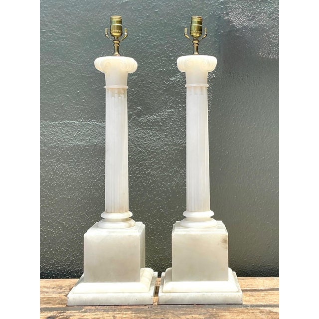 Metal Vintage Alabaster Column Table Lamps - A Pair For Sale - Image 7 of 15