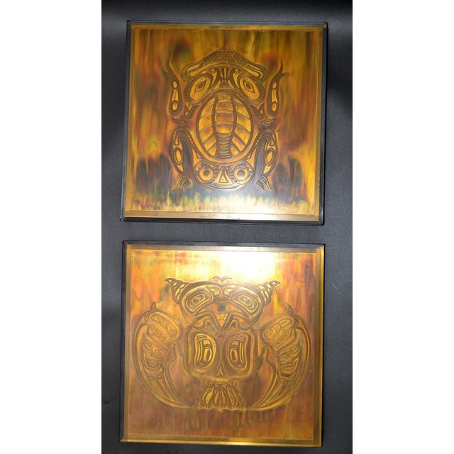 Bernhard Rohne Vintage Acid Etched Brass Owl & Frog Panel Framed Art - Two For Sale - Image 11 of 13