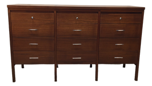 Mid 20th Century Lane Delineator 12 Drawer Low Chest Designed by Paul McCobb in Rosewood and Walnut With Chrome Hardware