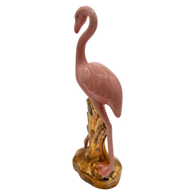 1950s Mid 20th Century Ceramic Fancy Bird Pink & Gold Flamingo Tabletop Statue For Sale - Image 5 of 10