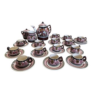 Vintage Quimper Coffee Service in Hand-Painted Earthenware by Paul Fouillen, France, 1950, Set of 33 For Sale
