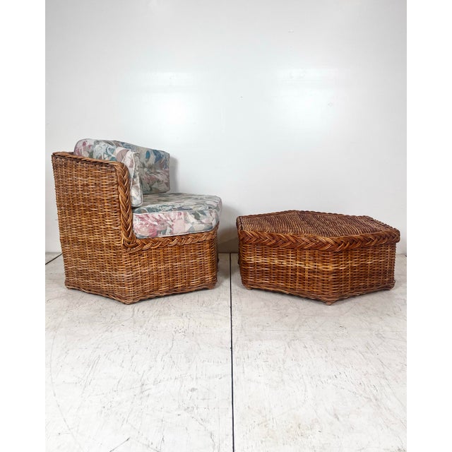 Late 20th Century Vintage Braided Wicker Rattan Hexagonal Chair and Ottoman Set For Sale - Image 5 of 11