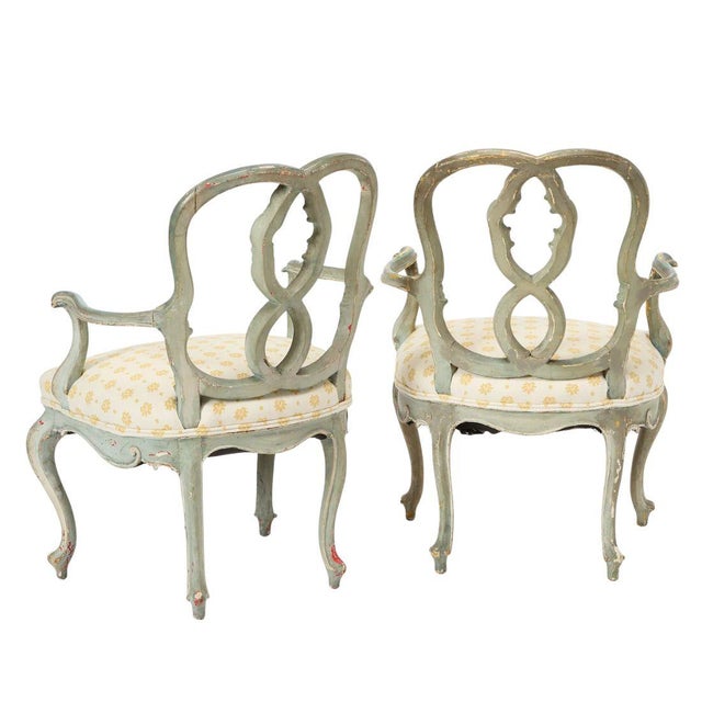 Pair of 19th C. Painted Louis XV Armchairs With Openwork Scroll Backs For Sale - Image 4 of 5