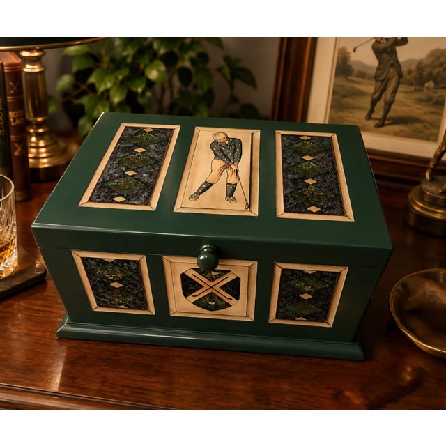Stunning Vintage Golf Motif Cedar Humidifier. Tabletop or desktop style with a deep hunter green finish and distinctive...