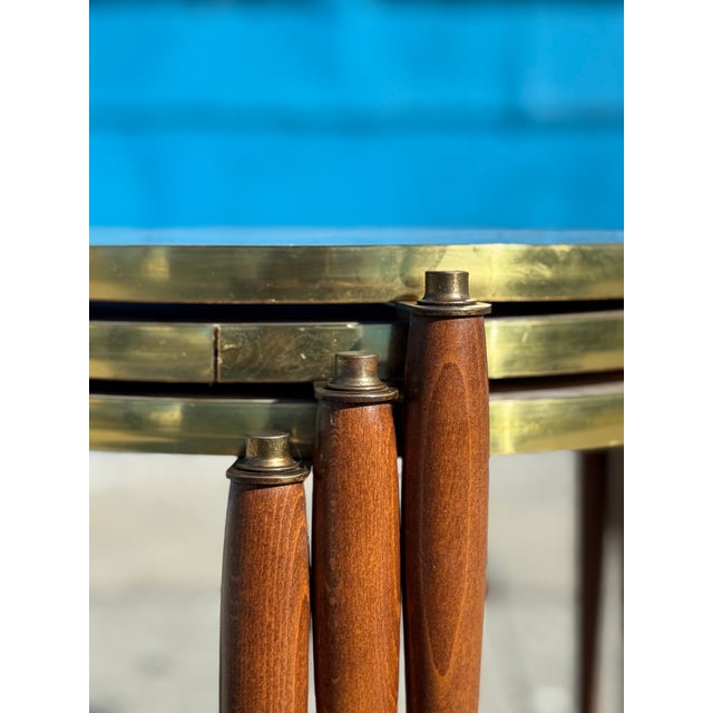 Brass Vintage Set of 3 Formica Brass & Walnut Nesting Tables For Sale - Image 8 of 11
