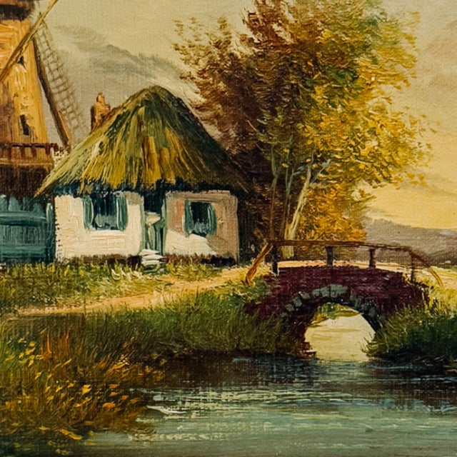 Grand Tour Vintage Mid-Century Belgian Landscape Oil Painting – Windmill & Cottage Scene For Sale - Image 3 of 8