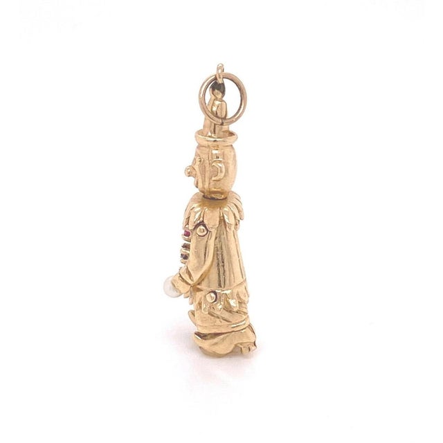 Mid 20th Century Mid 20th Century Pearl Sapphire & Ruby 14k Yellow Gold Movable Clown Charm Pendant For Sale - Image 5 of 7