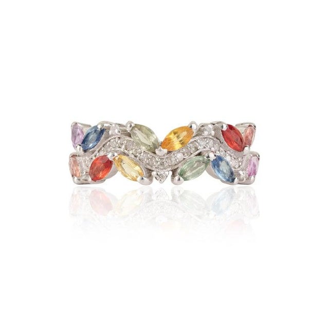 Nature Inspired Multi-Sapphire Leaf & Diamond Cluster Ring in Sterling Silver, Us Size 6.5 For Sale - Image 10 of 16