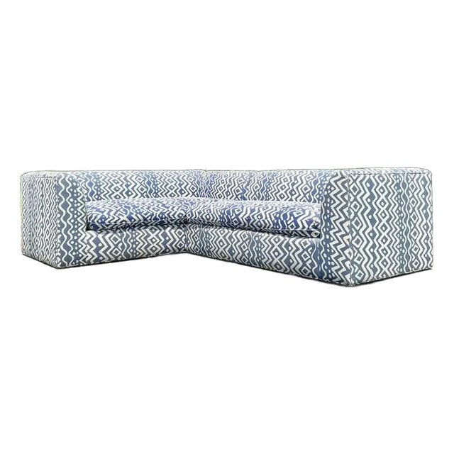 Vintage Boho Custom Sectional Sofa in Quadrille “Deauville” Printed Cotton For Sale