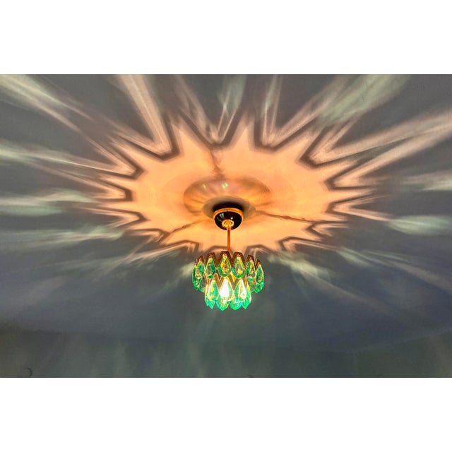 1960s Luxury Mini Brass Chandelier With Turquoise Crystal Drops, Starburst Shadow Ceiling Projection Light, Restored Antique Style Light Fixture For Sale - Image 16 of 18
