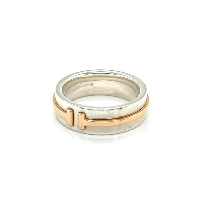 Tiffany & Co. T 2 Sterling Silver 18k Rose Gold Narrow Band Ring Size 4.5 For Sale In Miami - Image 6 of 6