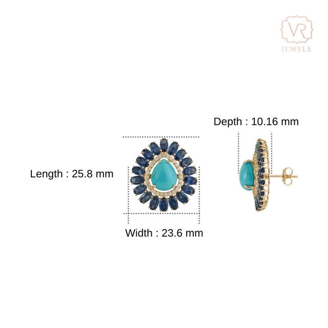 Art Deco 17ct Turquoise & Blue Sapphire Statement Earrings With Diamonds in 14k Gold- A Pair For Sale - Image 12 of 17