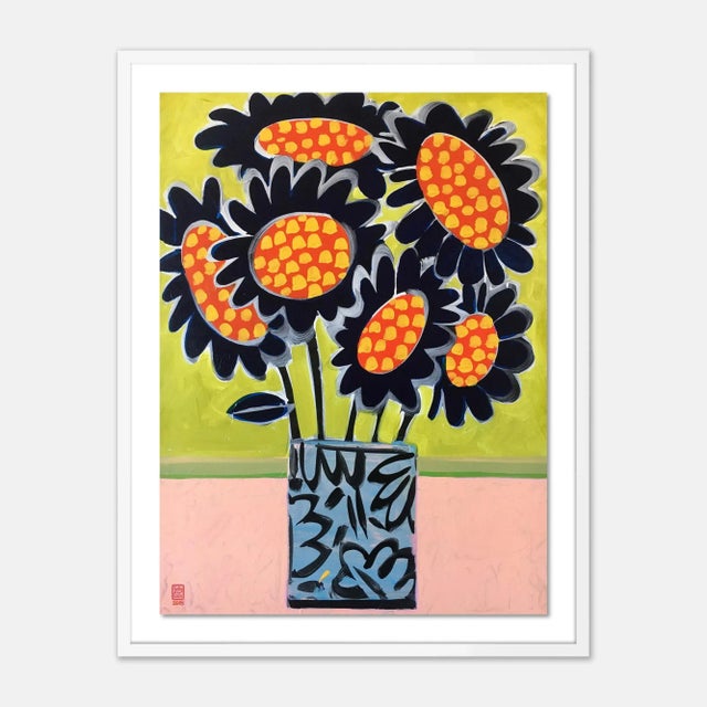 Contemporary Blue Sunflowers by Jelly Chen in White Framed Paper, Small Art Print For Sale - Image 3 of 3