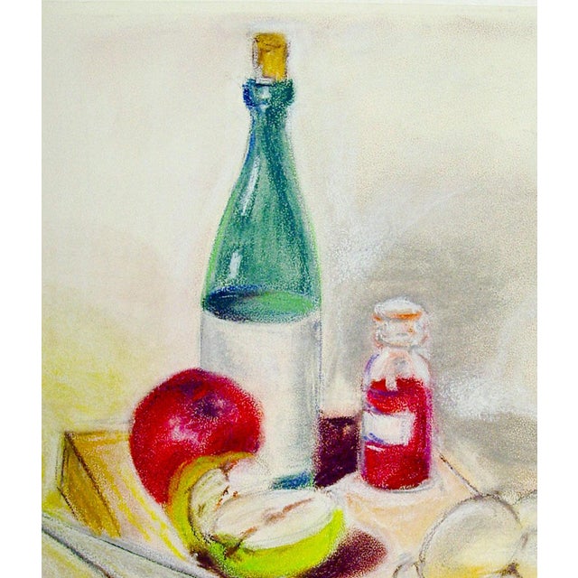 Colorful pastel on paper still life of a bottle of wine and apples. Unsigned, unframed.