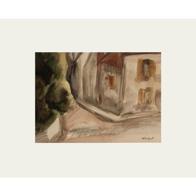 Mid 1900s Vintage European Scenic Village Watercolor Painting on Paper With Mat. Signed by French Artist Marius Woulfart For Sale