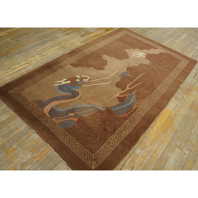 Magnificent Brown Earth Tone Color and Majestic Chinese Dragon Design in Light Blue and Ivory Antique Chinese Peking Rug For Sale - Image 9 of 9