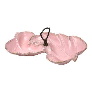 1950's Pink and Gold Ceramic Leaf Dish With Handle For Sale