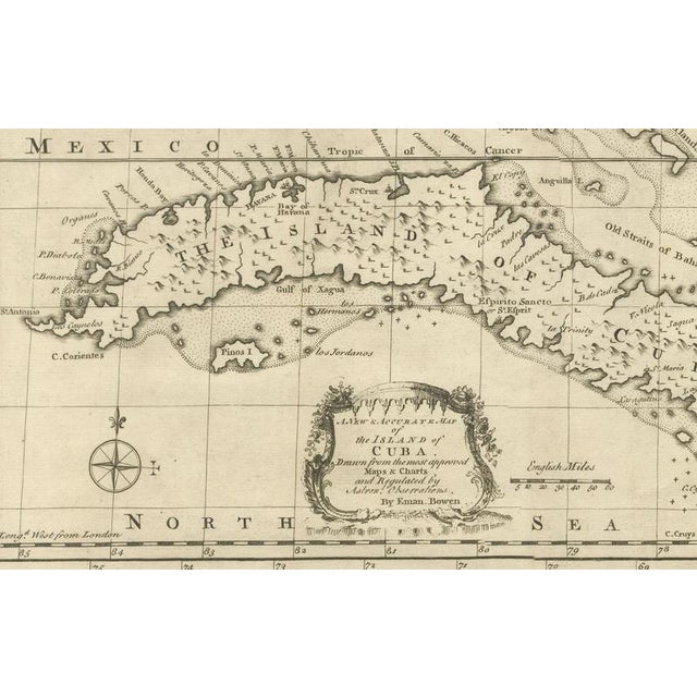 Paper Antique Map of Cuba with Caribbean Sea Chart by Bowen, 1744 For Sale - Image 7 of 10