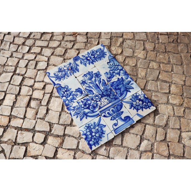 Tile Mural Panel Depicting a Vase With Rocaille Flowers, Portuguese, 18th Century For Sale - Image 4 of 16