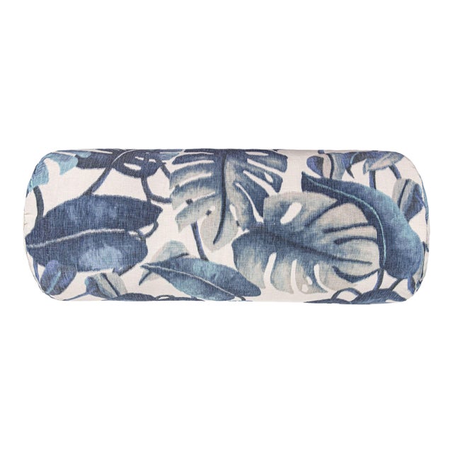 Scalamandre 21" x 7" Rainforest Warp Print Bolster Pillow in Blue Mirage For Sale
