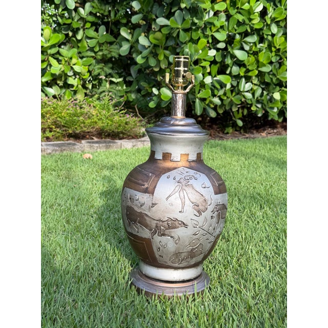 Bronze Vintage Brutalist Animal Relief Folk Art Table Lamp For Sale - Image 8 of 9