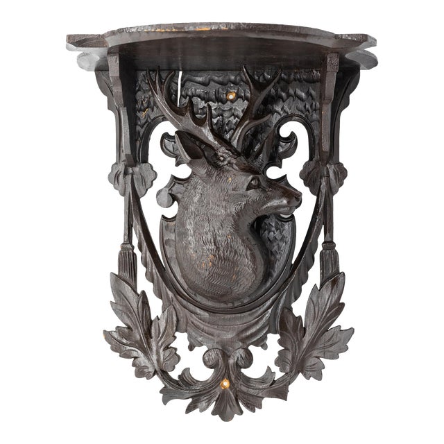 Black Forest Carved Stag's Head Wall Shelf, Swiss, Ca. 1880 For Sale