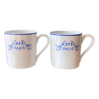 1980s Pair of Bernardaud Limoges coffee mugs in the "Cafe Paris" pattern // blue and white French porcelain // Made in France // hard to find For Sale