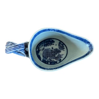 Antique Early 19th Century Chinese Export Canton Porcelain Sauce or Gravy Boat Decorated With Blue & White Landscape Scene For Sale